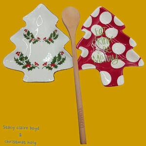 Stacy claire& christmas holy 2 spoon rest with wooden spoon red & wht